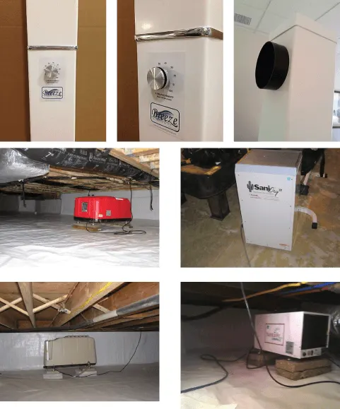 Collage of an encapsulated crawl space with white liner, sealed walls and installed dehumidifier units