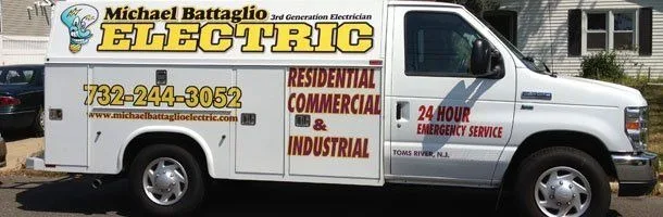 Michael Battaglio Electric service van lettered with 732-244-3052, Residential, Commercial & Industrial, and 24 Hour Emergency Service